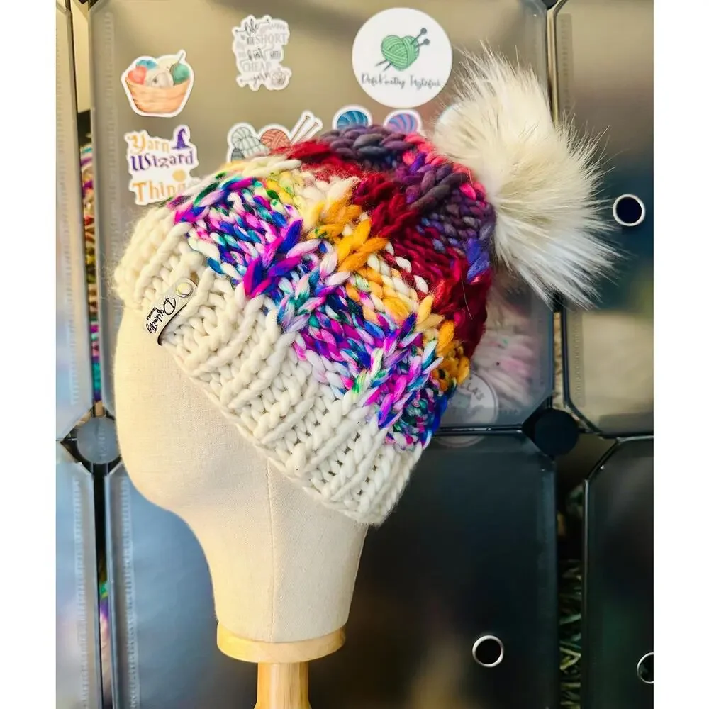 Handmade Neon Merino Wool Beanie: Colorful Winter Hat with Faux Fur Pom
